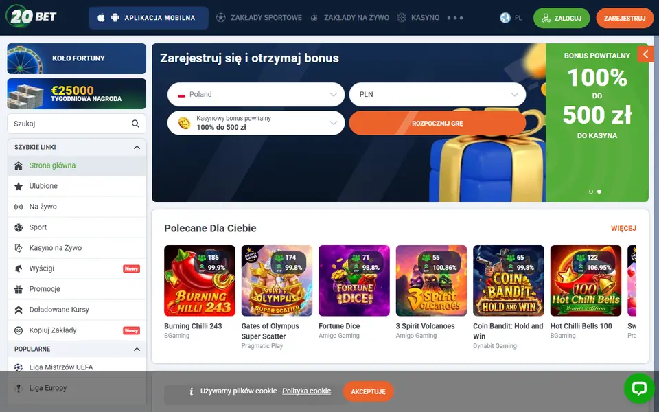 Screenshot of the 20Bet casino homepage