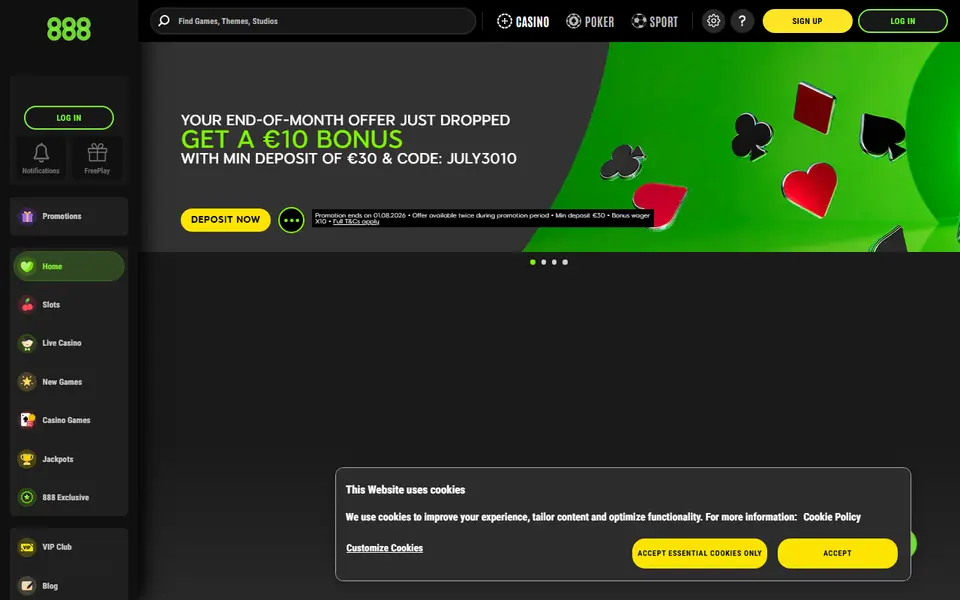 Screenshot of the 888 Casino casino homepage
