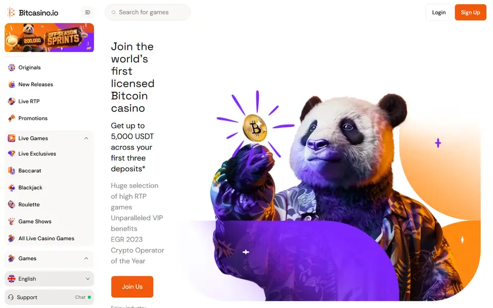 Screenshot of the Bitcasino.io casino homepage