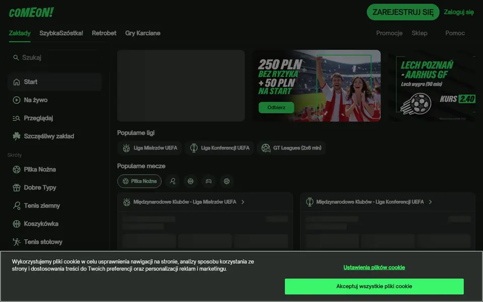 Screenshot of the ComeOn Casino casino homepage