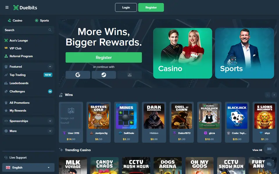 Screenshot of the Duelbits casino homepage