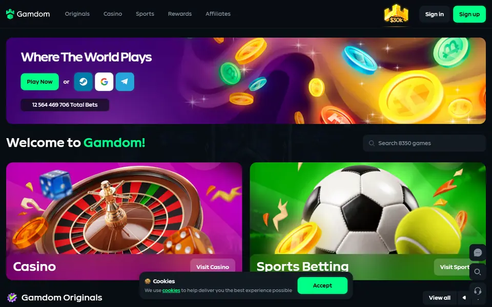 Screenshot of the Gamdom casino homepage