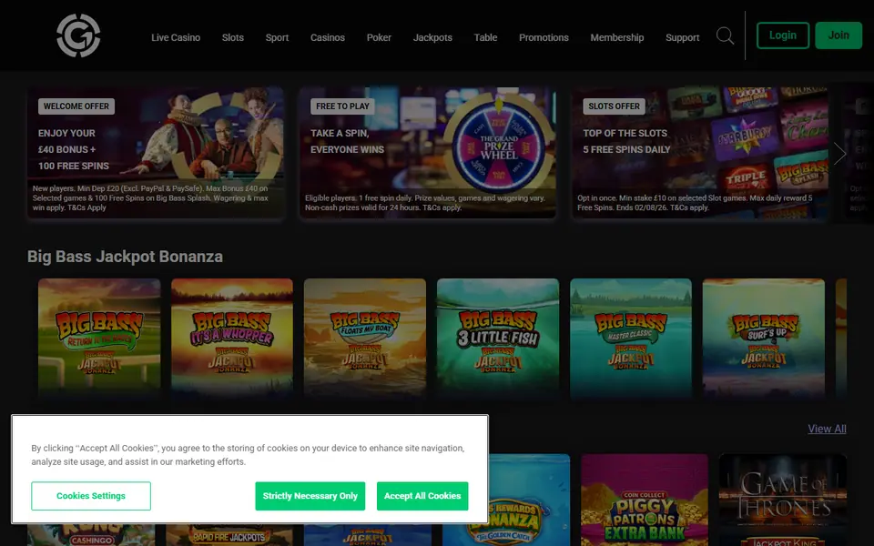 Screenshot of the Grosvenor Casinos casino homepage