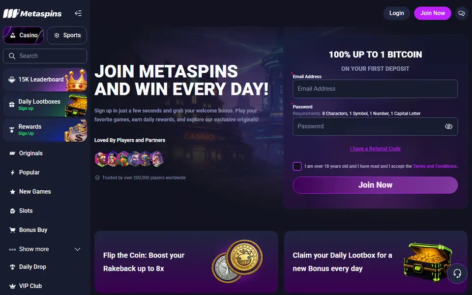 Screenshot of the Metaspins casino homepage