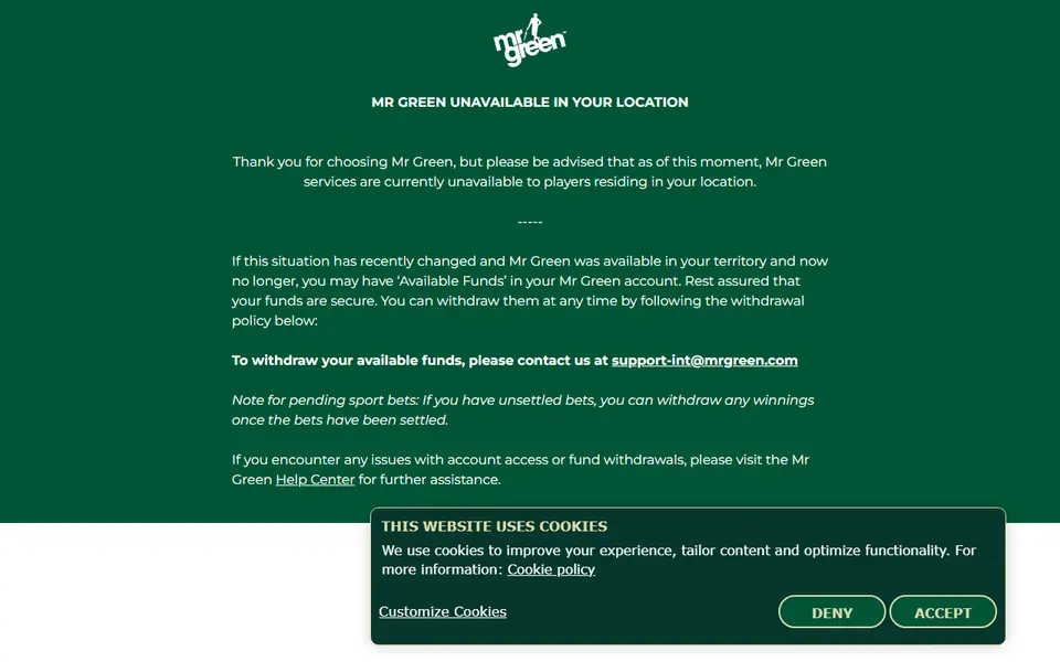 Screenshot of the Mr Green casino homepage