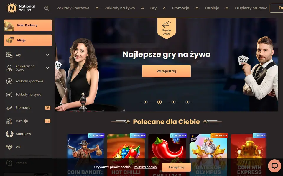 Screenshot of the National Casino casino homepage