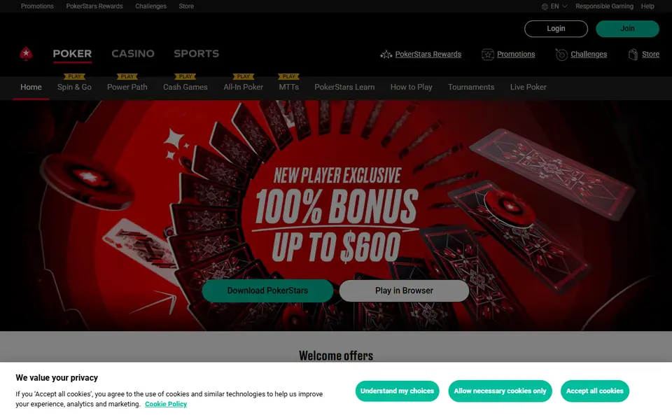 Screenshot of the PokerStars Casino casino homepage