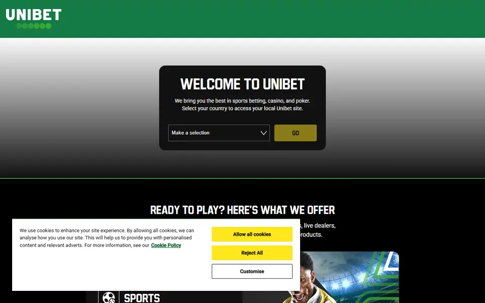 Screenshot of the Unibet casino homepage