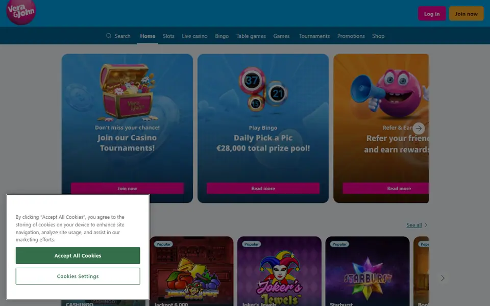 Screenshot of the Vera&John casino homepage